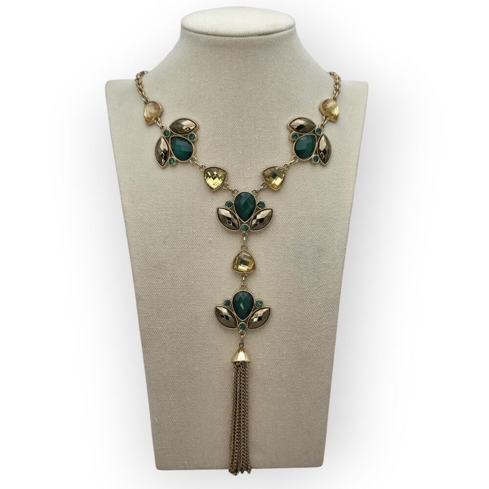 Emerald Green & Golden Topaz Statement Tassel Necklace – Classic Elegance